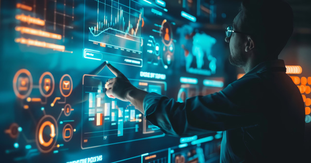 Man pointing at data screen