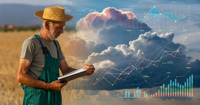 Old farmer with tech weather background