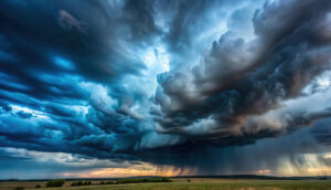 dramatic blue sky with dark grey storm clouds forming in the distance