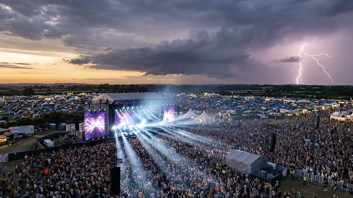 aerial view of concert with storm cloud in background protected by dtn weather hub for outdoor safety