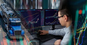 man at computer trading overlayed on blue fuel tanker