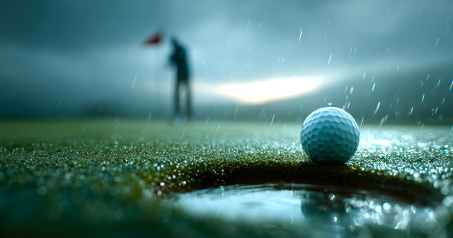 Golf Ball Ready to Sink in Rainy Conditions on the Course