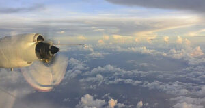 prop from hurricane hunter aeroplane in clouds