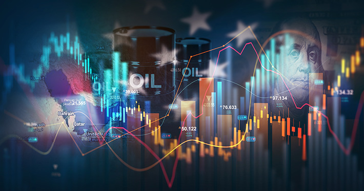 Bar charts and oil barrel montage showing conflict between United States and Iran is causing oil prices to rise