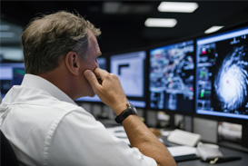 meteorologist analyzing weather screens