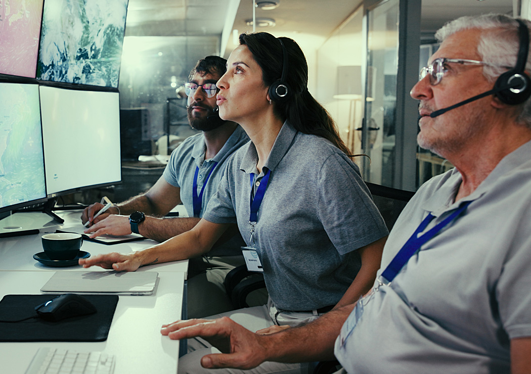 Computer screen, meteorology and satellite and woman in control room for storm, research and monitor