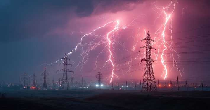 Electric Storm: Vivid Lightning Cracks over Power Lines, Electricity