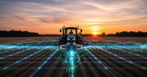 High-tech tractor cultivating a rural field at sunset with glowing digital grid lines and data streams symbolizing smart farming innovation, network, connectivity, production