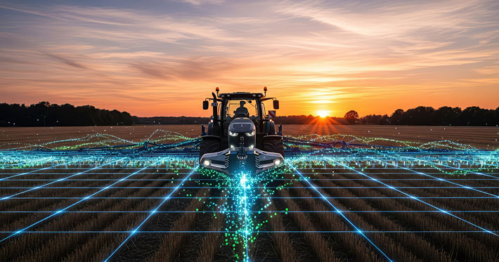 High-tech tractor cultivating a rural field at sunset with glowing digital grid lines and data streams symbolizing smart farming innovation, network, connectivity, production