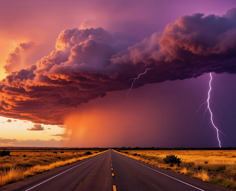purple clouds and lighting over road stretching into the distance