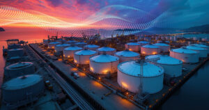 Massive oil terminal with large white tanks on port at dusk.