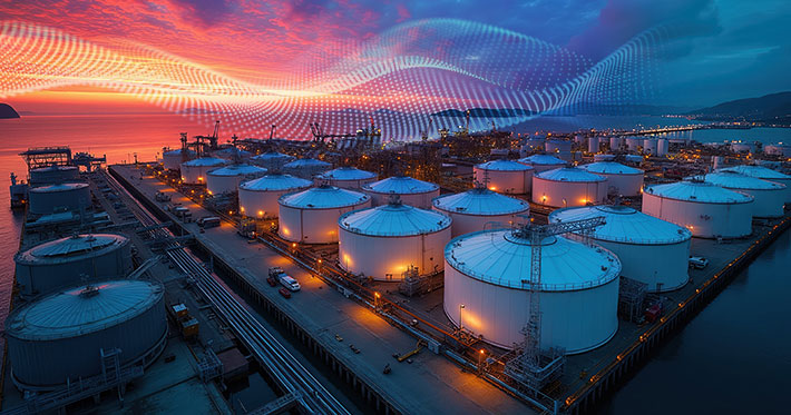 Massive oil terminal with large white tanks on port at dusk.
