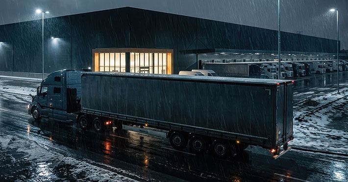 Semi-truck with trailer driving through a snowy industrial logistics center at night during a winter storm, illuminated by bright streetlights.